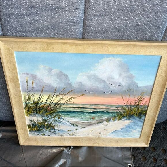 AMERICAN RUTH LAMONDE ORIGINAL OIL on CANVAS VERDANT SEASHORE-LANDSCAPE FRAMED - Picture 1 of 4